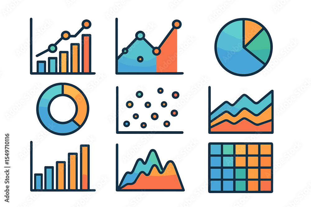 Aufkleber Colorful and modern data visualization elements showcasing graphs, charts, and statistical data analysis designs in flat style
