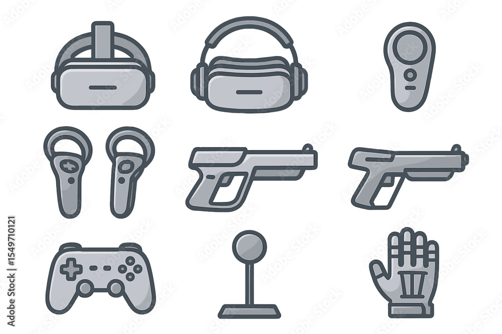 Poster various virtual reality gaming devices and accessories displayed in a grid format, showcasing modern