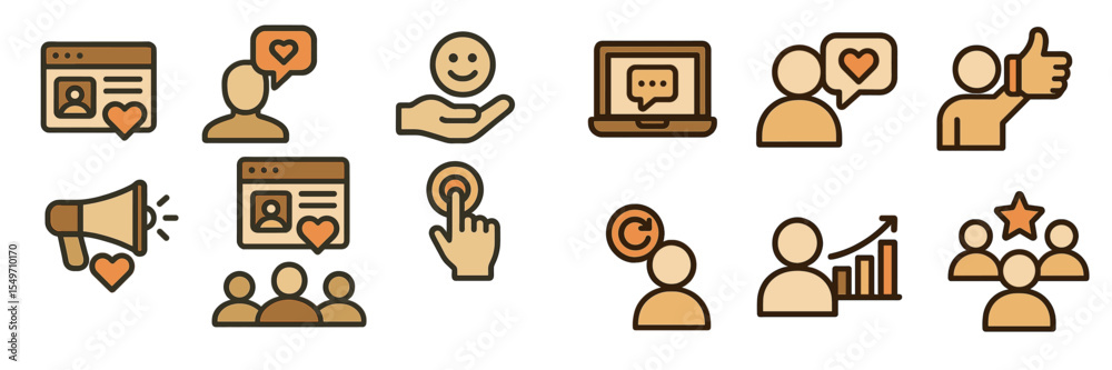 Poster icons representing digital communication and social interaction in online platforms for community en