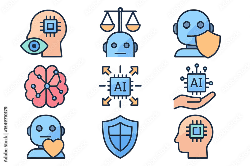 Aufkleber Representation of artificial intelligence concepts with icons showcasing ethical balance, human interaction, and technology integration