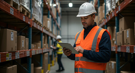 Warehouse worker using tablet inventory management logistics distribution center efficient supply chain management technology