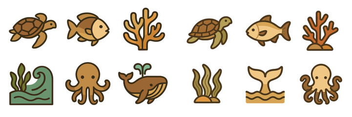 Fototapeta premium Colorful marine life illustrations showcasing turtles, fish, coral, and octopus in a playful design