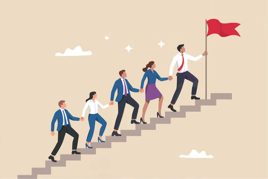 Team climbing stairs towards red flag isolated on transparent background