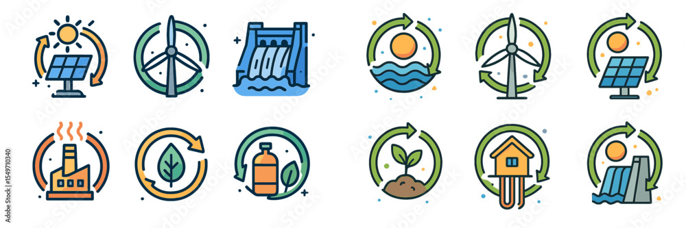 Poster renewable energy icons showcasing sustainable practices and technologies for a greener future