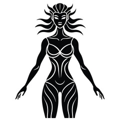 Fototapeta premium Stylized black silhouette of a woman with flowing hair and ornate body design