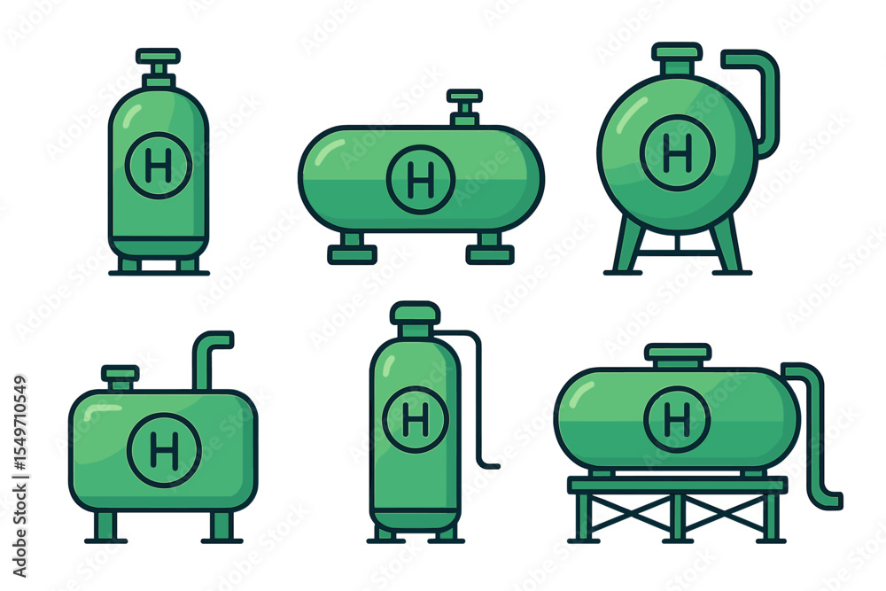 Aufkleber various types of green hydrogen storage tanks displayed against a white background in a clean vector