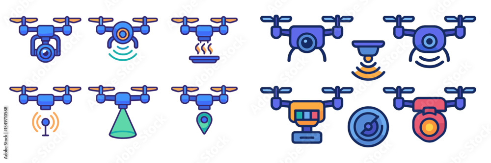 Aufkleber various drone icons showcasing different functionalities in a modern design featuring vibrant colors