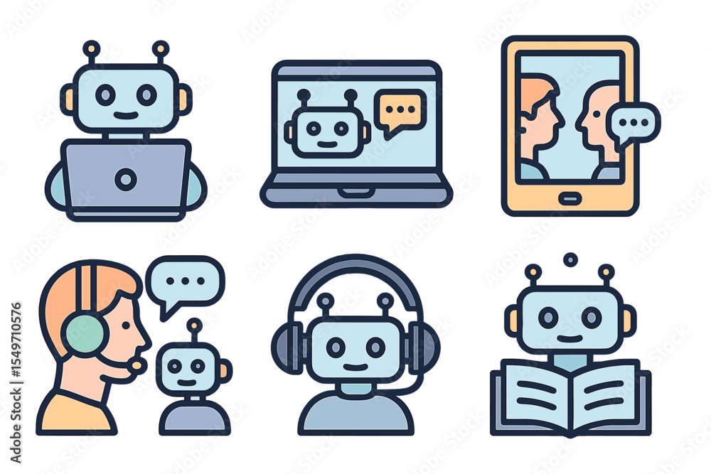 Poster Various robots engaging in communication through technology in a modern digital environment