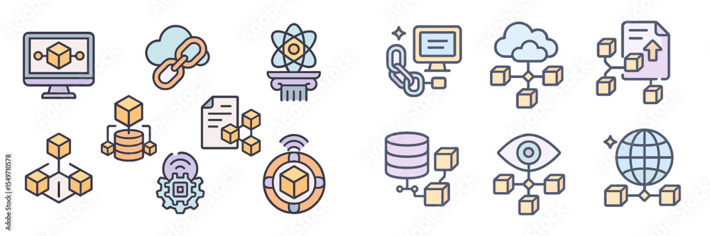 Aufkleber Digital representations of technology concepts in a colorful vector style illustrating cloud computing, blockchain, and data management