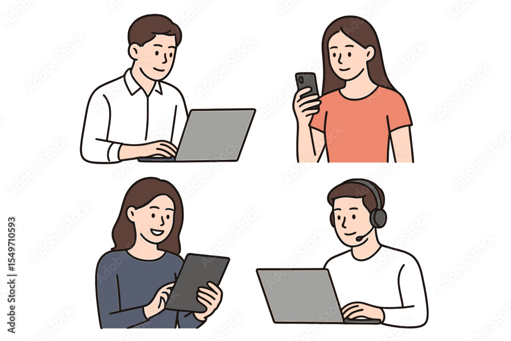 Poster four individuals engaged in digital communication and productivity in a modern workspace environment