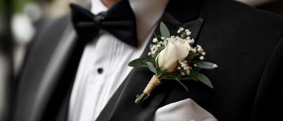 Elegant adult man wearing black tuxedo with white rose boutonniere Formal wear for groom or wedding guest Concept of celebration, marriage, and sophisticated style