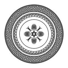 Greek classic round pattern frame plate with pattern in center. Greek meander. Circle european border. Round antique border. Patterns of Greece, ancient Rome. Classic egyptian, assyrian, greek motives