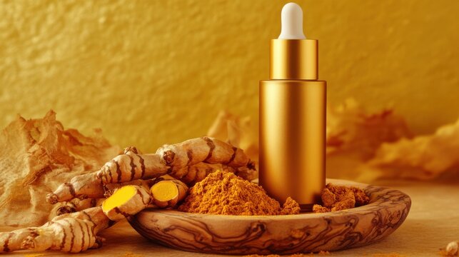 Golden turmeric serum elixir with freshly harvested roots powder in rustic bowl under warm