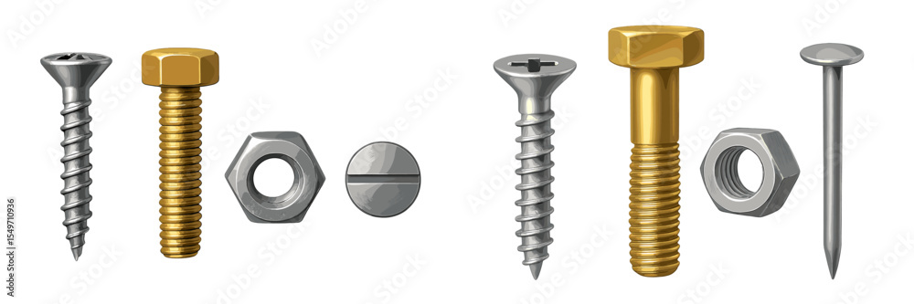Poster Variety of metallic fasteners displayed with different shapes and sizes on a neutral background for construction uses