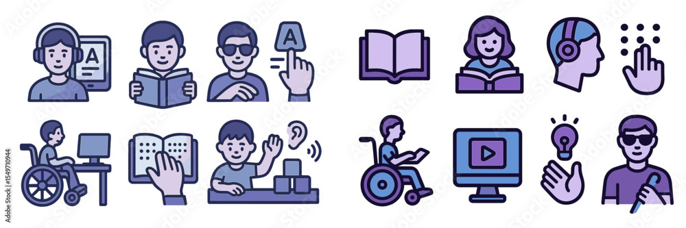 Aufkleber diverse learning activities featuring various individuals engaged in educational tasks around techno