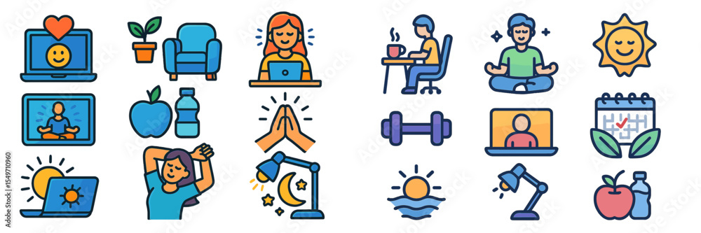 Aufkleber illustrating concepts of wellness and productivity in a colorful digital design showcasing different