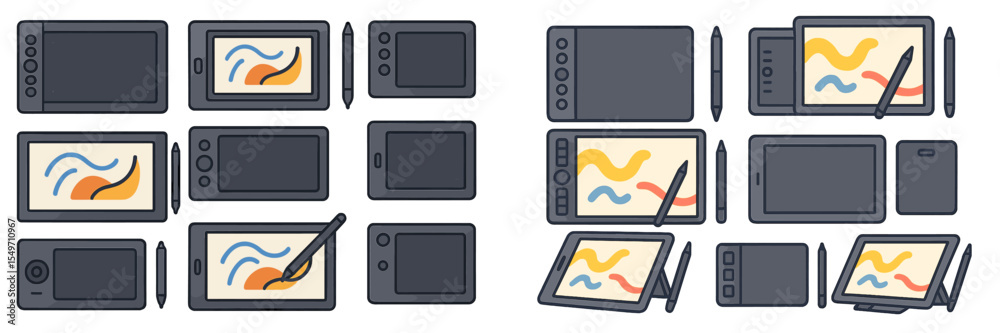 Poster creative tools arranged on a table showcasing digital drawing tablets and styluses for artists and d