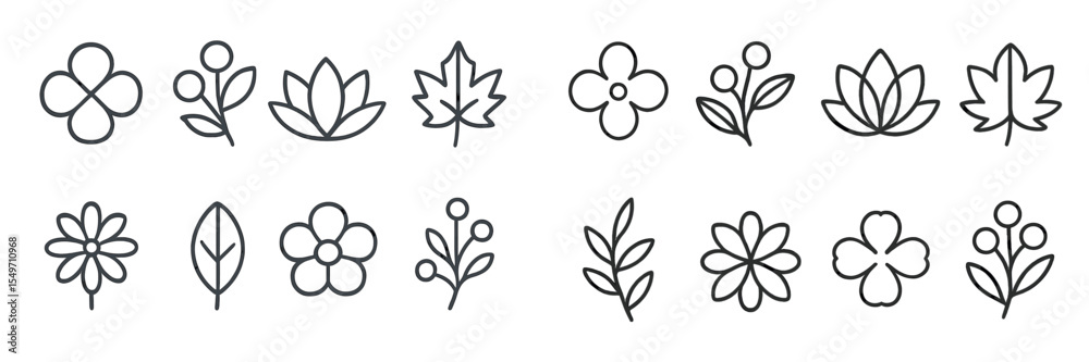 Poster Collection of simple black line drawings of various flowers and leaves arranged in two rows on a white background