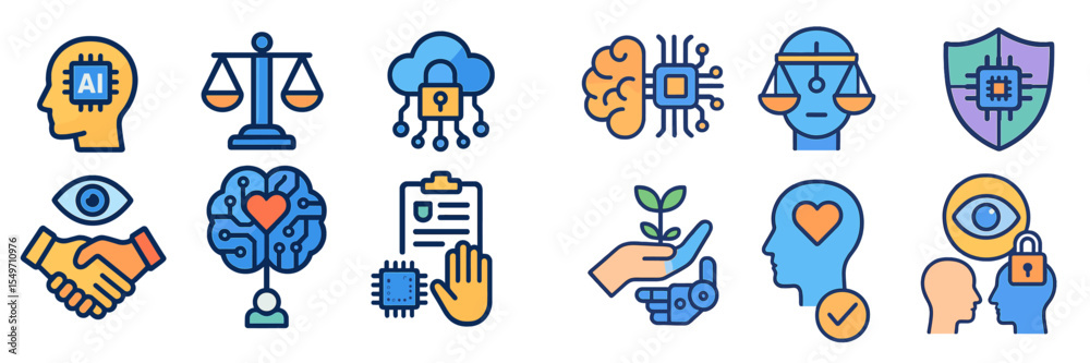 Poster Visual representation of artificial intelligence, ethics, and cybersecurity concepts shown through colorful icons and symbols