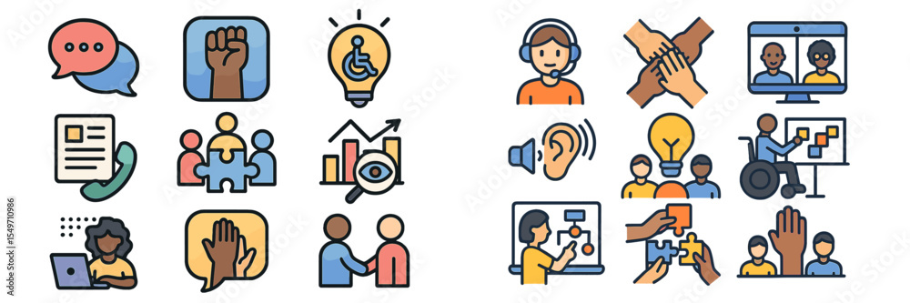 Aufkleber Community engagement and collaboration symbols representing diverse activities and support networks in a modern workspace