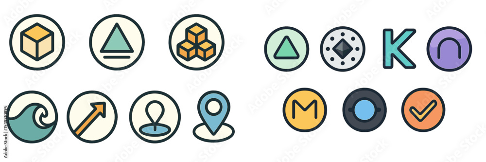 Poster various geometric shapes and symbols presented in a colorful, modern design suitable for digital app