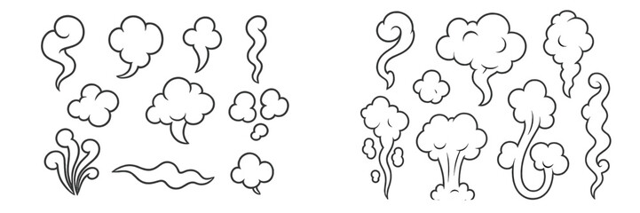 Various shapes of smoke and vapor in black outlines ideal for graphic design projects and artistic applications