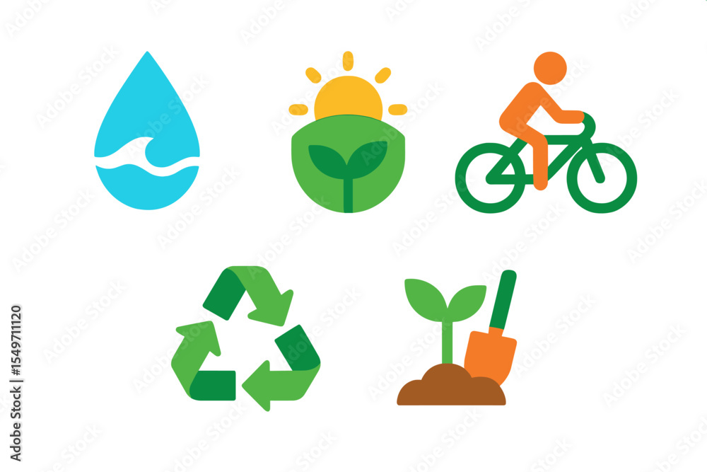 Poster icons representing environmental sustainability and eco-friendly practices in a vibrant and simple f