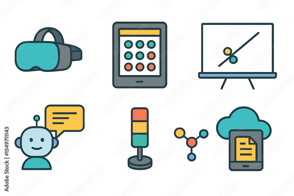 Poster Modern technology concepts represented through icons showcasing virtual reality, data analysis, and communication tools in a digital environment