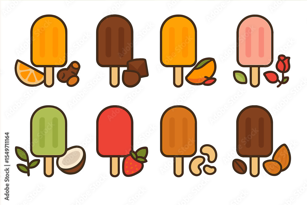 Poster colorful assortment of popsicles featuring various flavors and toppings in a fun design