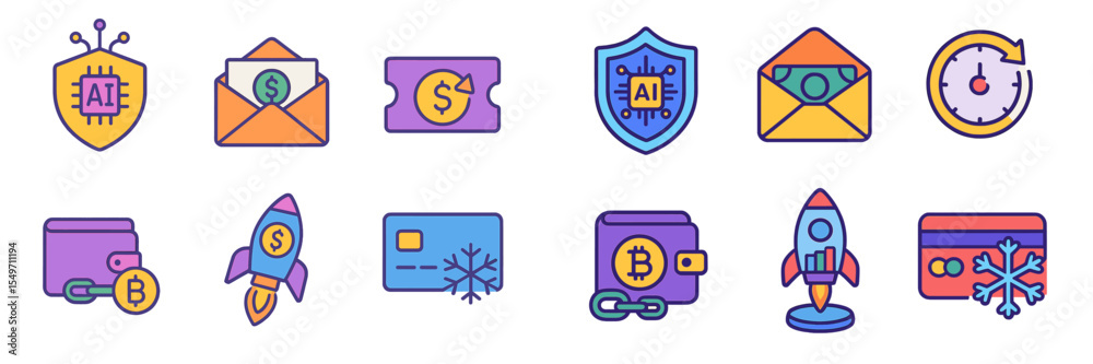 Poster colorful icons representing artificial intelligence, finance, and technology concepts in digital des
