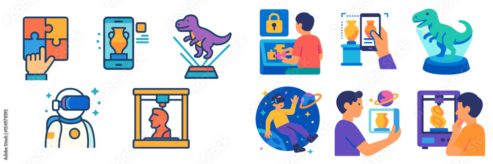 Poster illustrations of various digital activities and technology concepts in a modern education setting