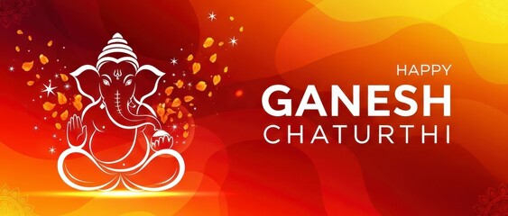 A festive illustration celebrating the Hindu festival of Ganesh Chaturthi, featuring the deity Ganesha and a cheering crowd