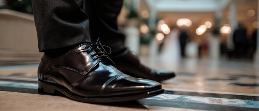 Elegant adult man wearing black leather dress shoes at a wedding reception Groom fashion and style concept with blurred background of bride and groom - Powered by Adobe