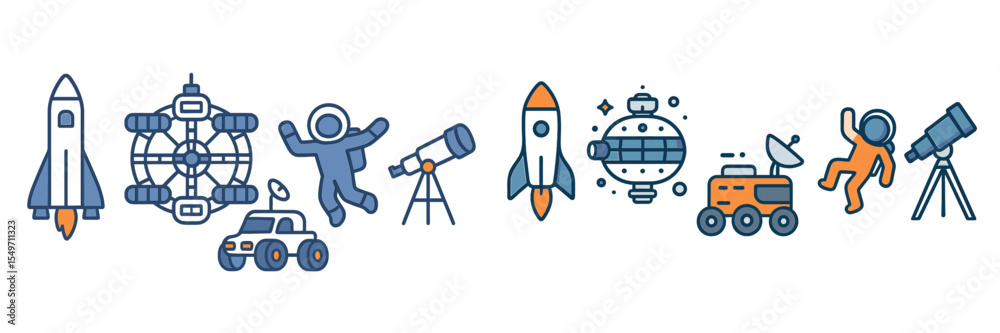Poster exploring space through rockets, astronauts, and telescopes in a vibrant cosmic theme