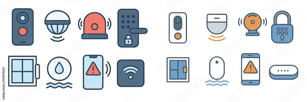 Poster various home security icons depicting alerts, monitoring, and control systems in a modern digital en