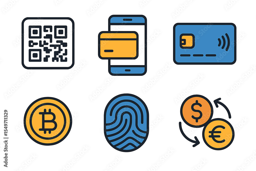 Poster digital payments technology featuring qr code, mobile wallet, and cryptocurrency icons for modern tr