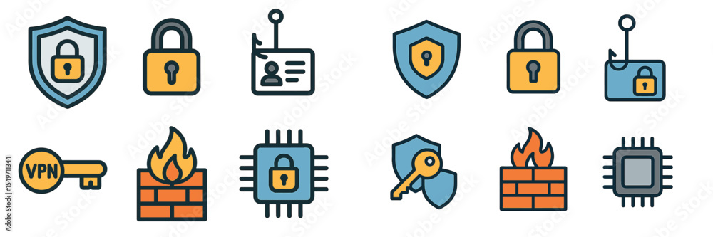 Aufkleber Collection of security icons depicting various aspects of cybersecurity and data protection in a modern digital environment
