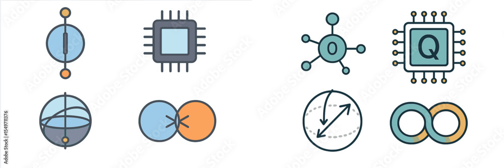 Poster Various abstract symbols representing technology, science, and mathematics concepts in a creative layout