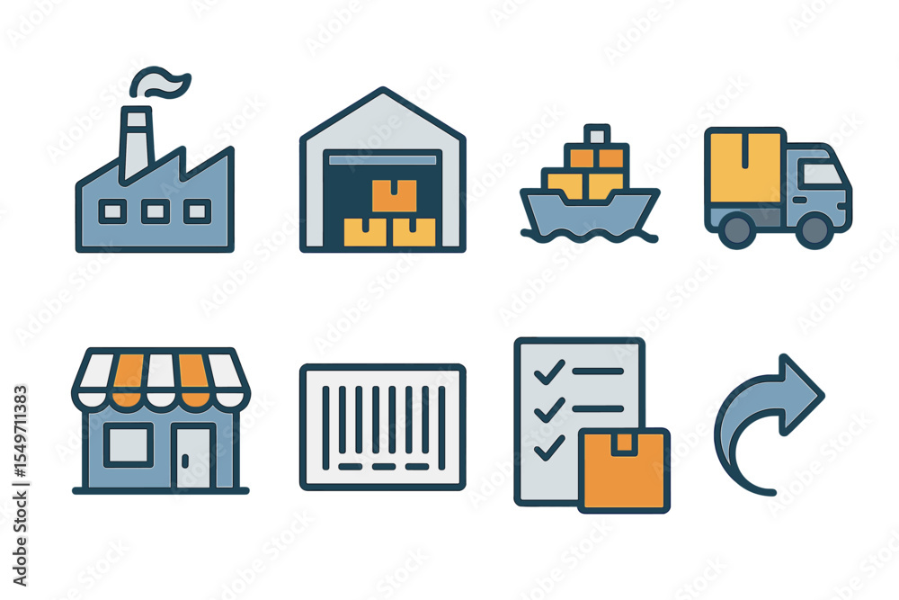 Poster visual representation of logistics elements in supply chain management featuring various transportat