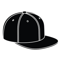 A clean, vector graphic of a baseball cap (snapback) in solid black.
