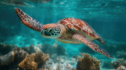 Fototapeta premium Green sea turtle gliding over coral reef, softly blurred turquoise water backdrop under shafts of sunlight