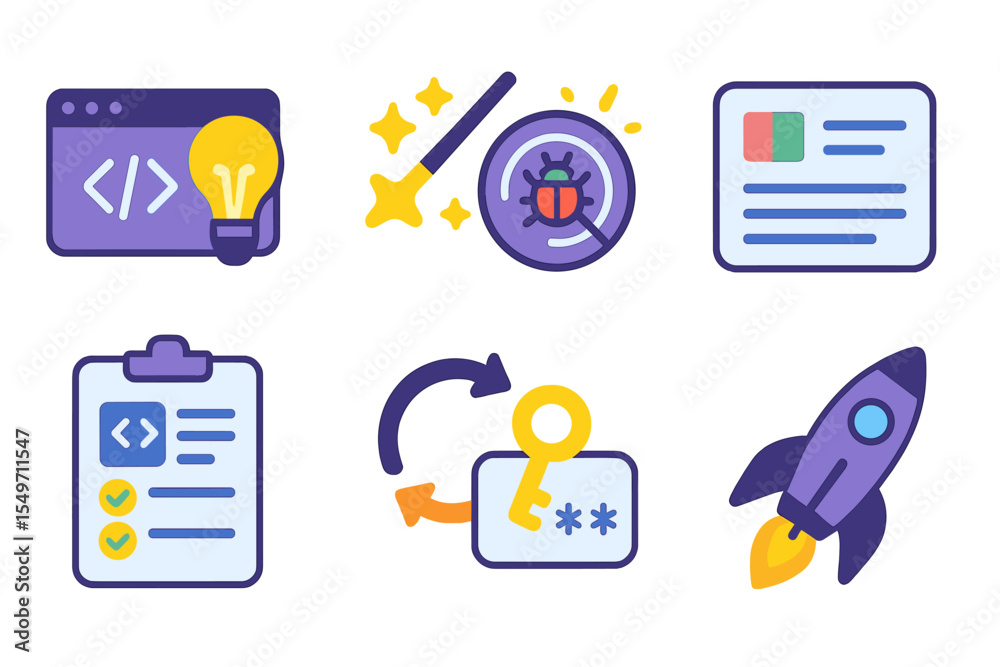 Aufkleber Colorful icons representing web development, debugging, and documentation in a modern digital workspace for efficient coding and innovation