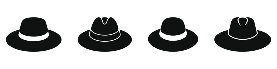Stylish black silhouettes of four different hat styles, presented in a clean, modern layout.