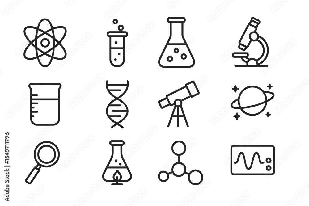 Poster Exploring science through symbolic icons representing various fields and experiments in a minimalist design