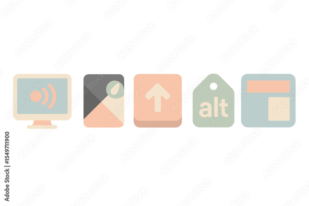 Poster digital icons representing various online activities displayed on a light background