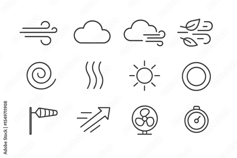 Poster weather icons displaying wind, clouds, sun, and environmental effects in a minimalistic design