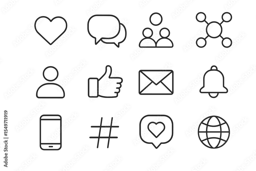 Poster Collection of outline icons representing social interactions and digital communication in a modern design