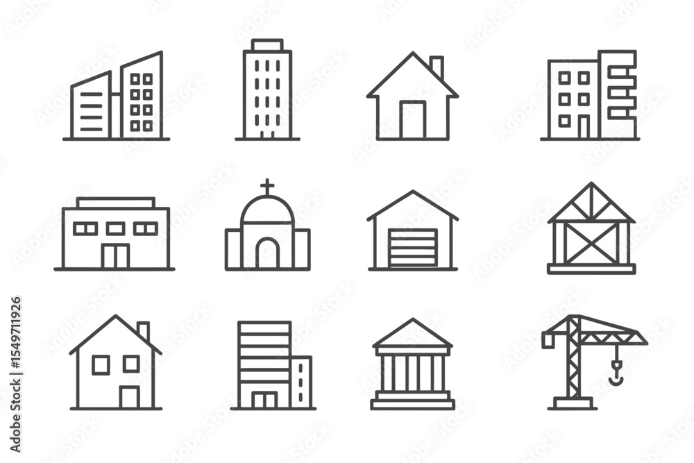 Poster Various building icons showcasing architectural styles and construction types in a minimalist design