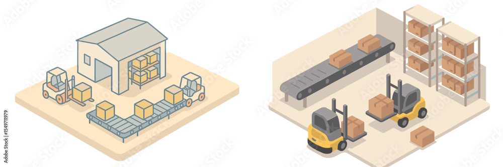 Aufkleber Warehouse operations with forklifts and conveyor belts managing package sorting and distribution activities