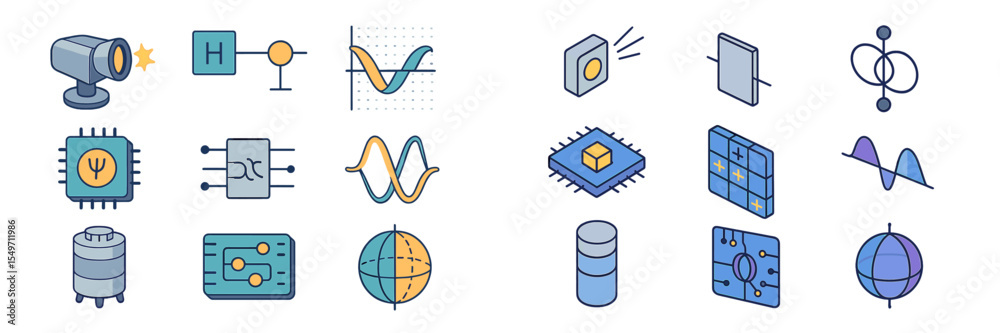 Aufkleber Collection of modern tech and science icons illustrating various concepts in electronics and physics in a clean layout